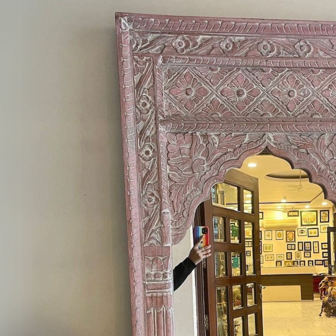 Elegant jharokha arch mirror with custom size options, showcasing a big vintage mirror design ideal for Victorian or antique-style interiors.