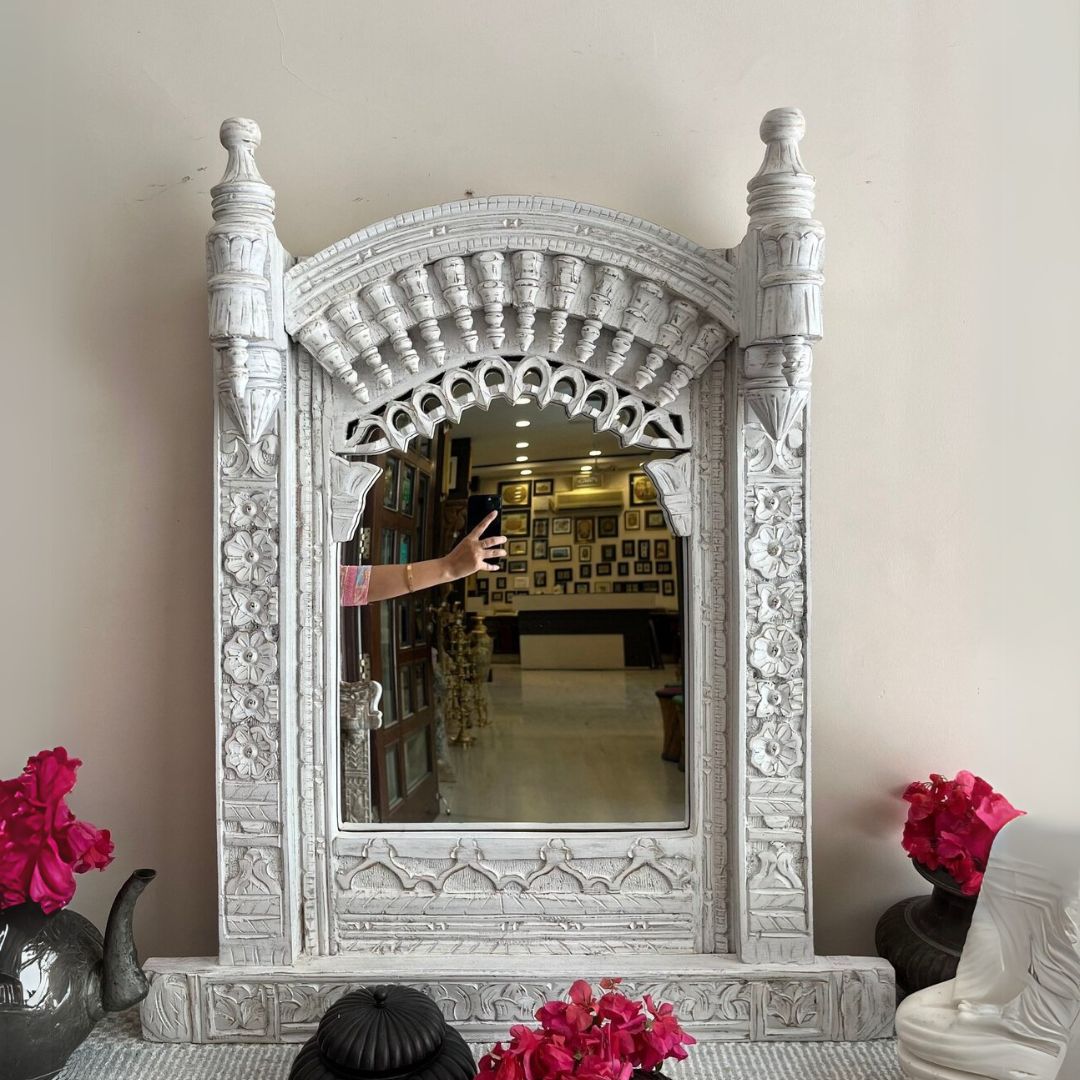 Ornately carved whitewash Jharokha mirror frame in a traditional Indian design, perfect for adding elegance to vintage bathrooms or large rustic wall decor