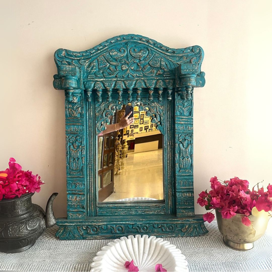 Large wooden mirror in a jharokha mirror style, perfect for adding a touch of antique brass mirror detailing to your living space