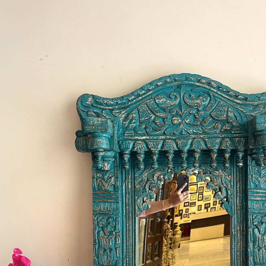 Antique dressing table with mirror and a white vintage jharokha mirror frame, offering a classic yet functional decor piece