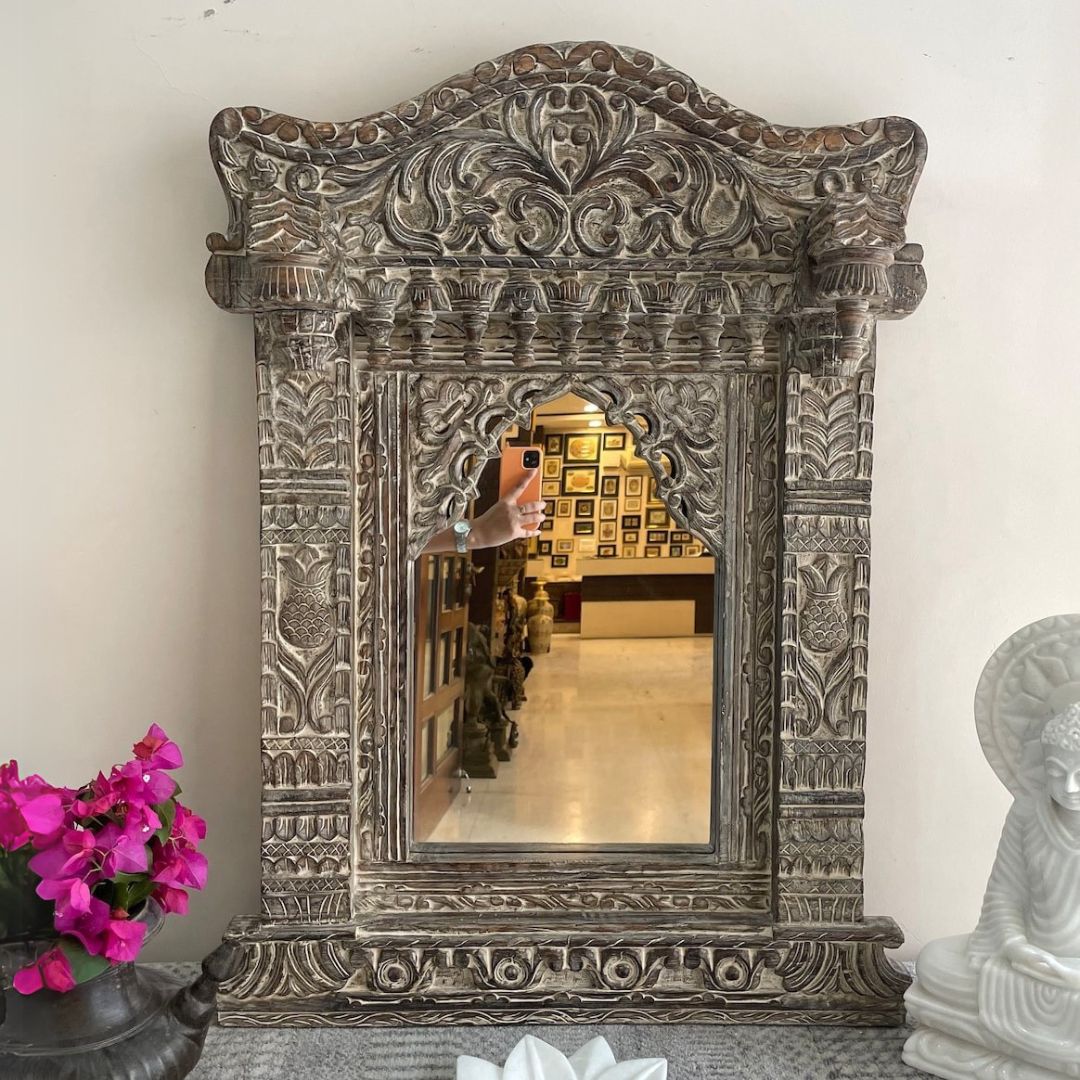 Victorian-style jharokha arch mirror, featuring ornate carved mirror designs for a luxurious and sophisticated look