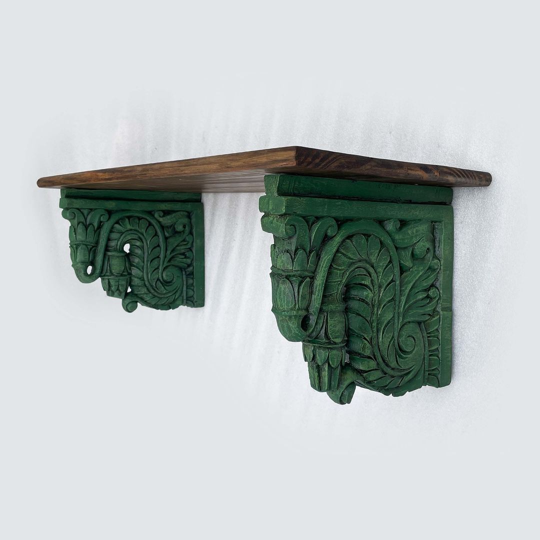 Beautifully detailed carved wall shelf, made from solid wood, perfect for wall decor and storage. Whether used as a wooden wall bookshelf or vintage wall shelf unit, this timeless piece adds sophistication and functionality to bedrooms, hallways, or living rooms.