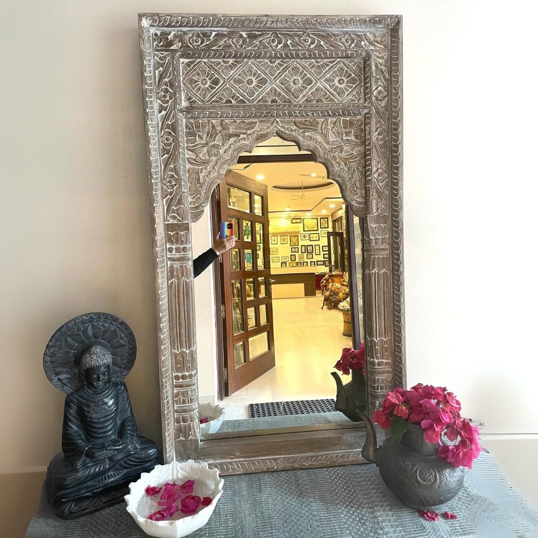 Vintage full-length mirror with a carved wood frame, offering a timeless design for traditional Indian or retro wall art decor."