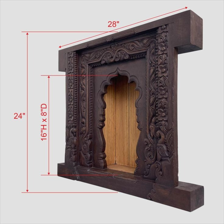 Wooden mandir wall shelf with brass embellishments, perfect for displaying idols, pooja essentials, or candles. A versatile piece that seamlessly combines functionality with vintage mandir wall decor aesthetics.