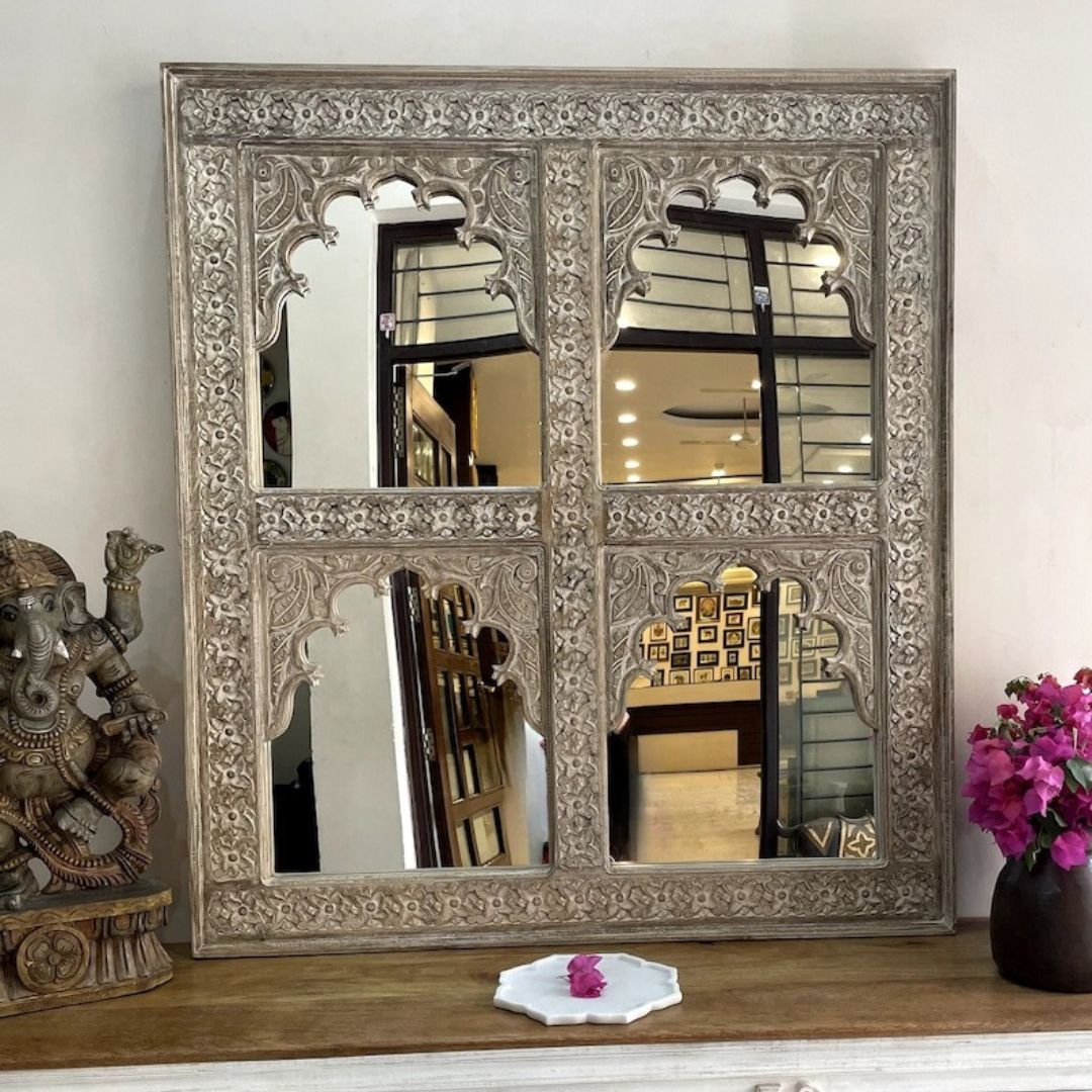 Big vintage mirror with a stunning carved wood Jharokha frame, designed to add elegance and character to contemporary or rustic home decor.