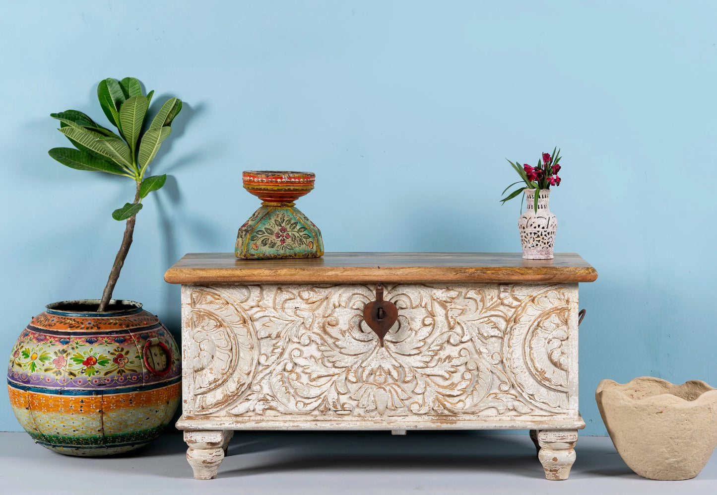 Ahil Hand-Carved Mango Wood Storage Chest with Vintage Whitewashed Finish