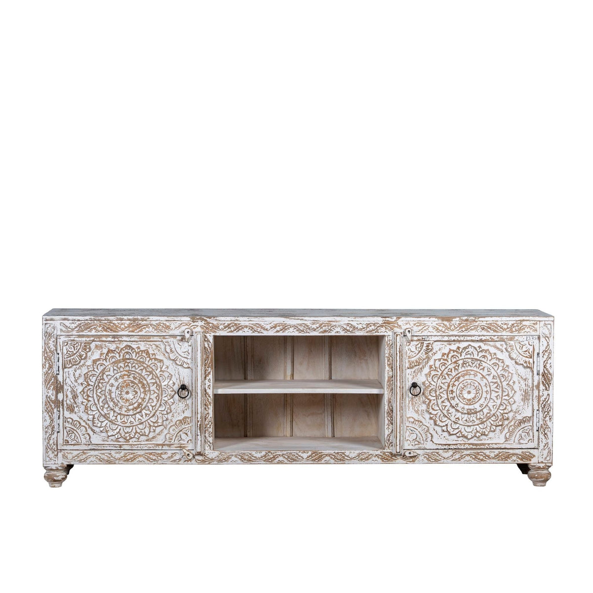 Hand-Carved Whitewashed Wooden TV Console with Mandala Panels