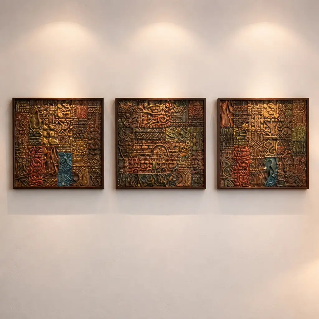 A square, framed wall art piece featuring a patchwork of textured tiles in earth tones like rust, green, bronze, and gold.A close-up view of a rustic mosaic artwork set inside a dark wooden frame. The piece consists of various rectangular relief tiles arranged in a grid. The tiles feature distinct raised patterns, including swirls, geometric lines, floral motifs, and abstract shapes, glazed in metallic and earthen shades of copper, moss green, and dark brown.vintage wall art wall decor home decor antique