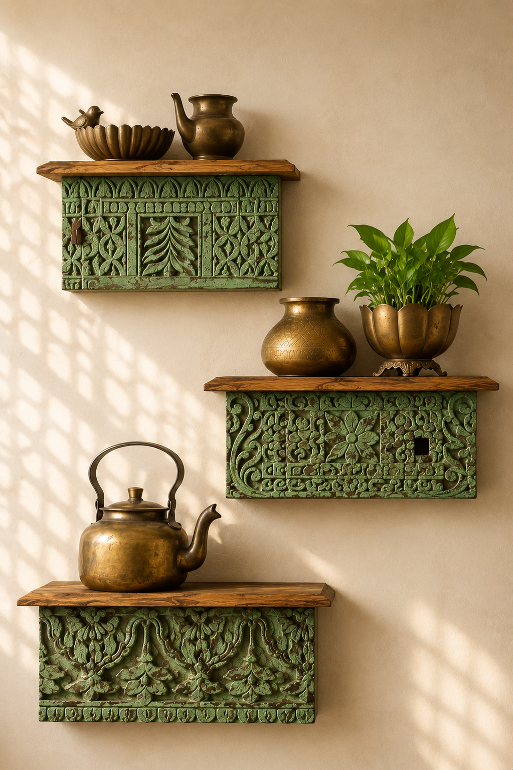 Hand-Carved Reclaimed Wood Wall Shelf with Distressed (Set of 3 )