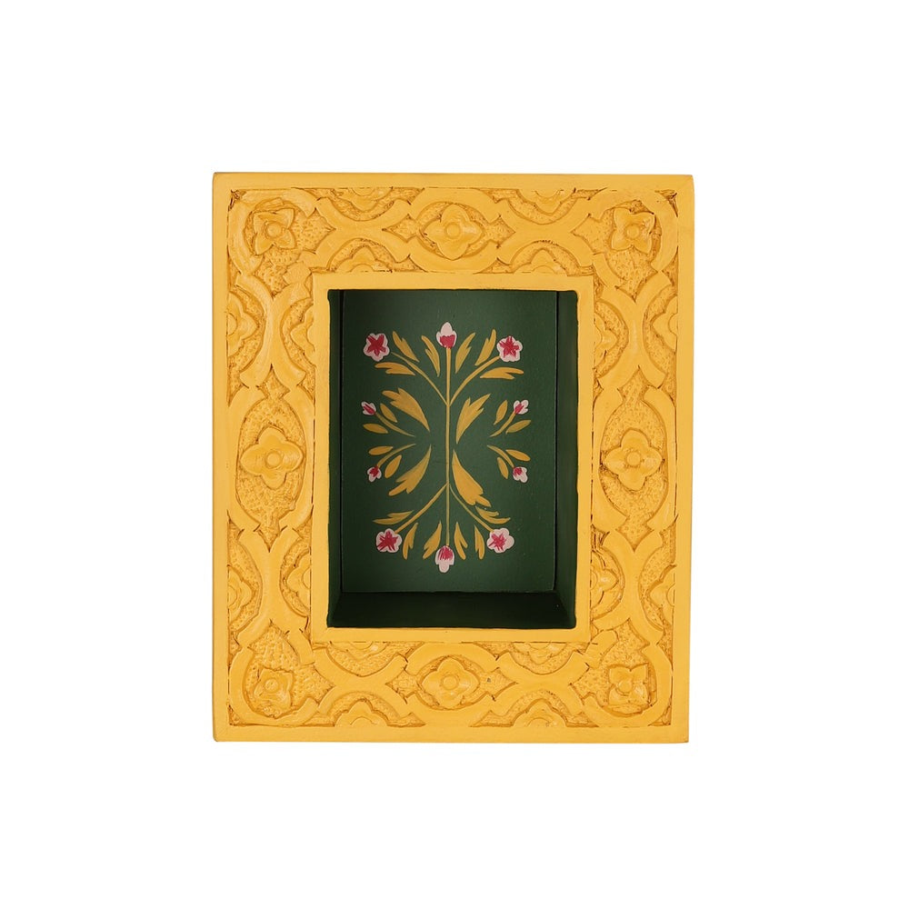 Antique-style brass idol wall shelf with a wooden platform and decorative brackets. This wall-mounted shelf enhances your pooja room with its timeless design, offering a sophisticated way to display brass idols and other decorative objects