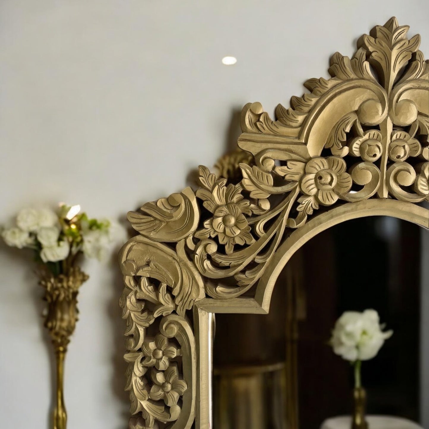 Hand-carved European-style vanity mirror frame with intricate Indian-inspired details, large wooden wall mirror, perfect for farmhouse decor, bathrooms, or vintage living room settings.