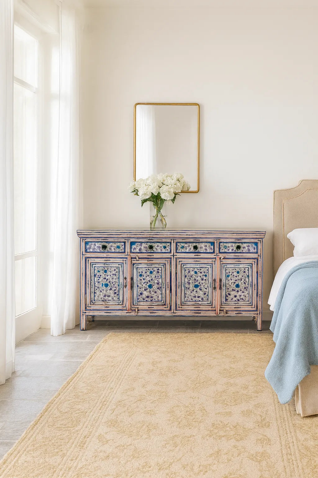 Naya Vintage Blue Floral Hand-Painted Wooden Sideboard