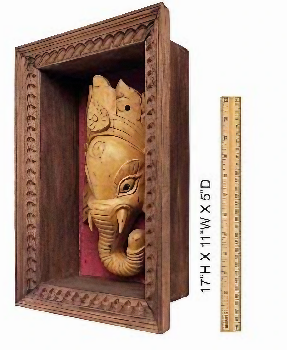 Wooden carved Ganesha wall decor in a handcrafted frame, featuring traditional Indian design, ideal for pooja rooms and antique home decor.