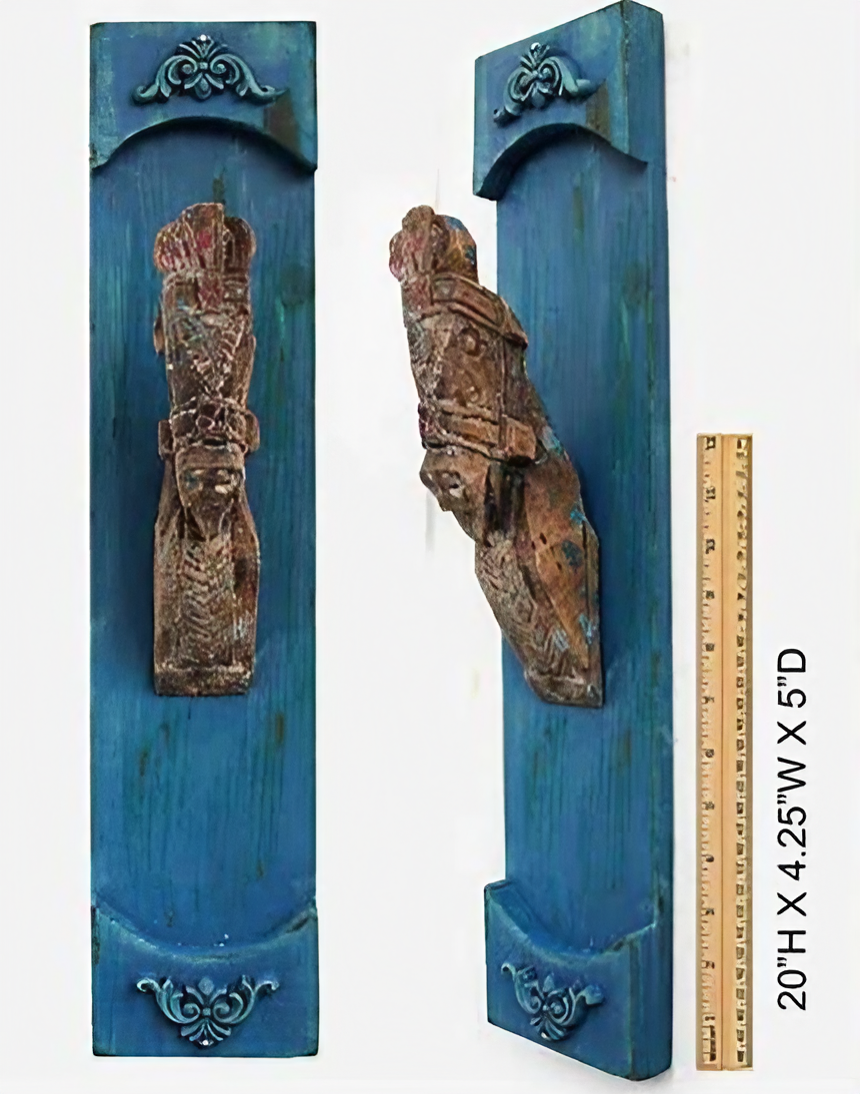 Rustic hand-carved blue wooden wall decor panels with intricate antique designs, perfect for adding vintage charm to your home.