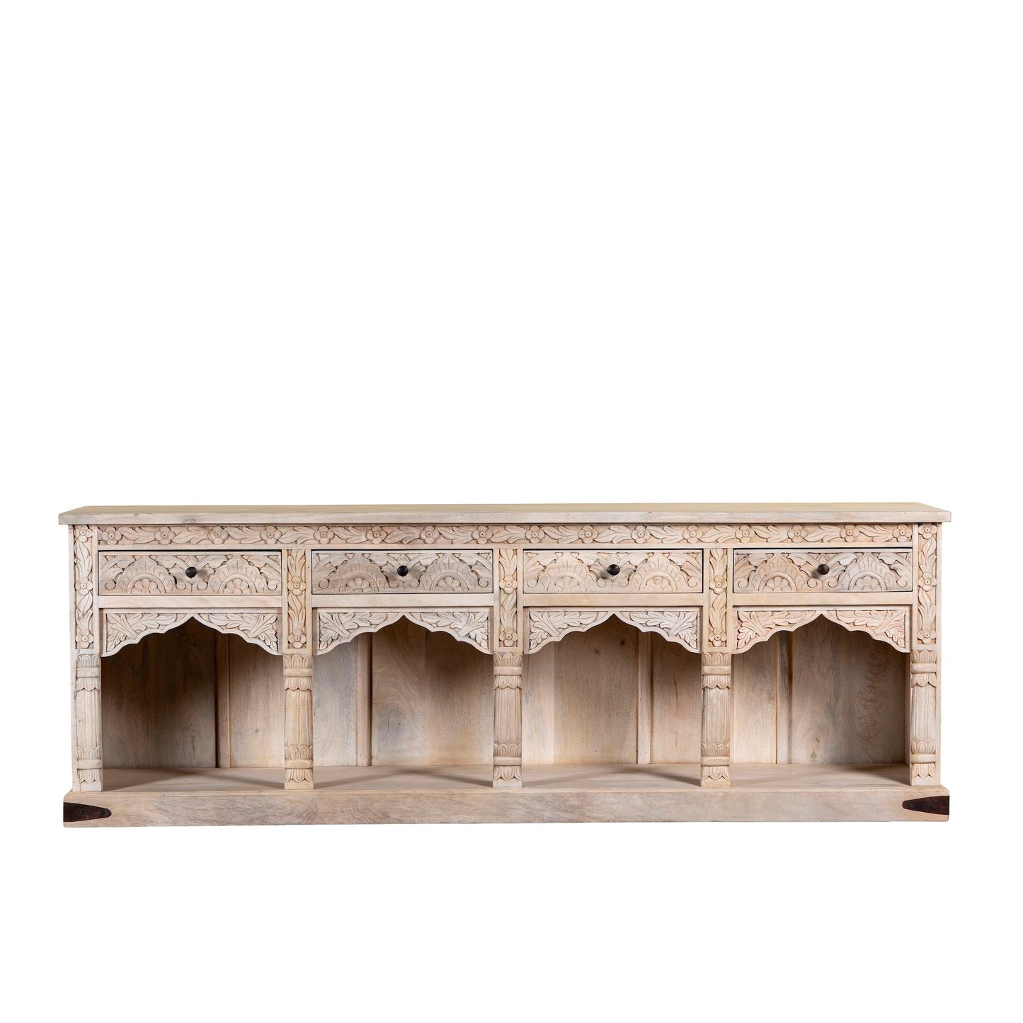 Shalena Hand-Carved Mango Wood Console Table with Arched Open Shelves