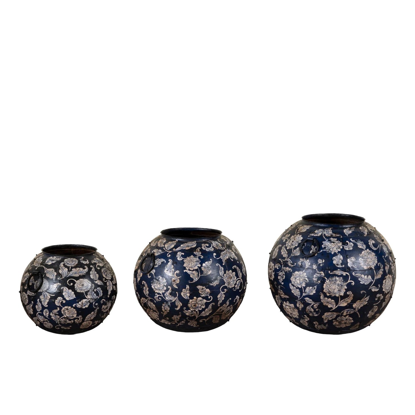 The Canton Globe Planter — Hand-Painted Iron, Deep Navy Peony | Set of Three