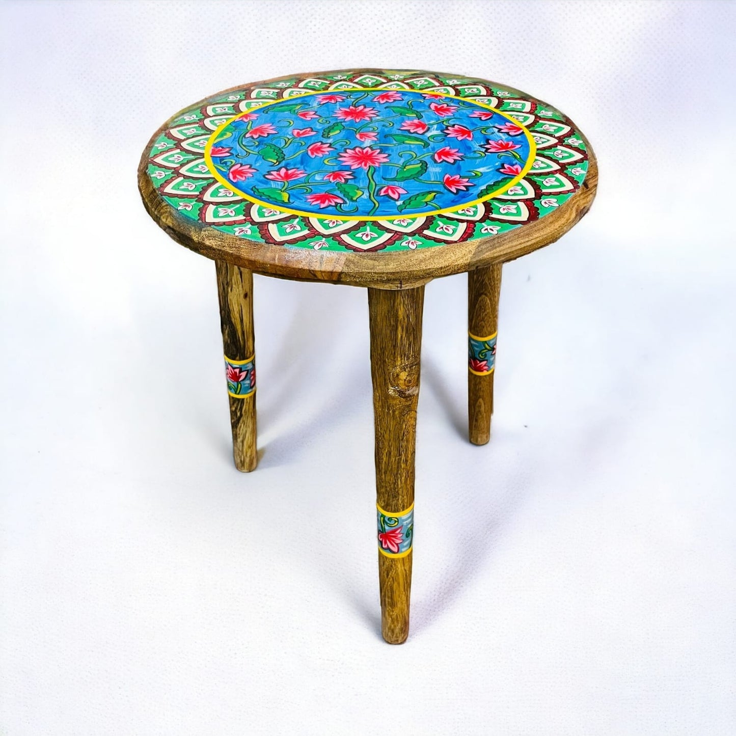 Lotus and Green Wooden Hand Painted Side Table