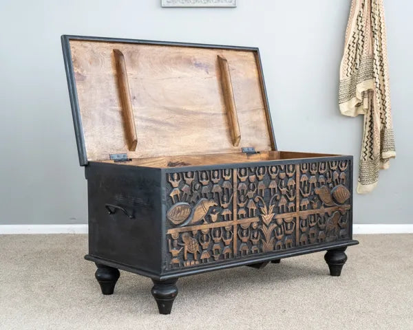 Folk Carved Black Wooden Storage Chest