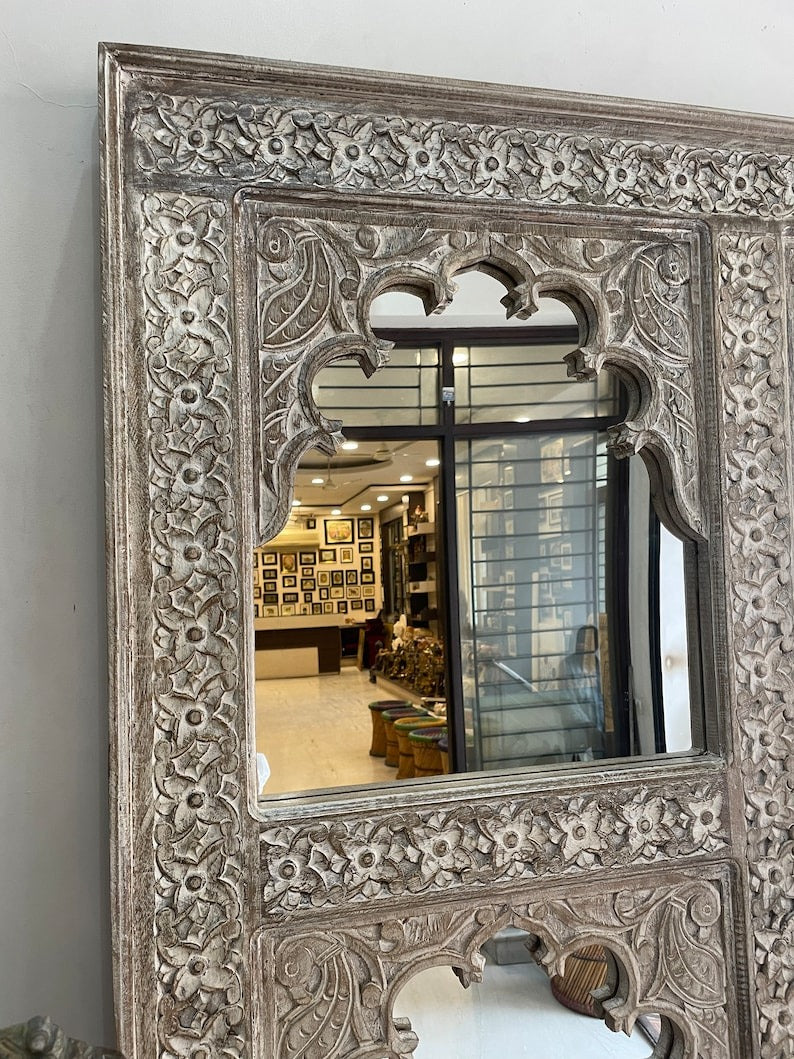Victorian-style Jharokha mirror frame with intricate gold accents, perfect for enhancing the charm of vintage full-length mirrors or antique wall decor."