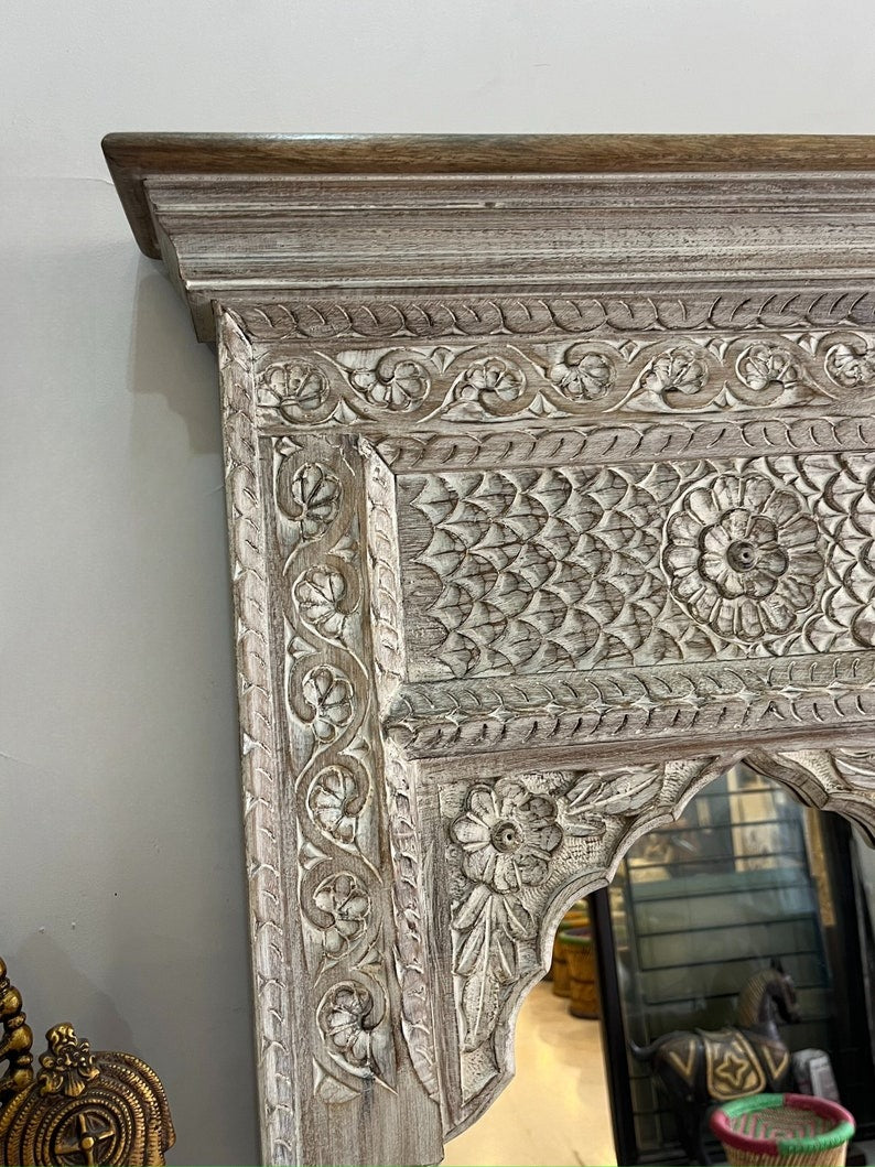 Big vintage mirror featuring a traditional Jharokha wood frame with intricate detailing, ideal for antique dressing tables or rustic bathroom mirrors.