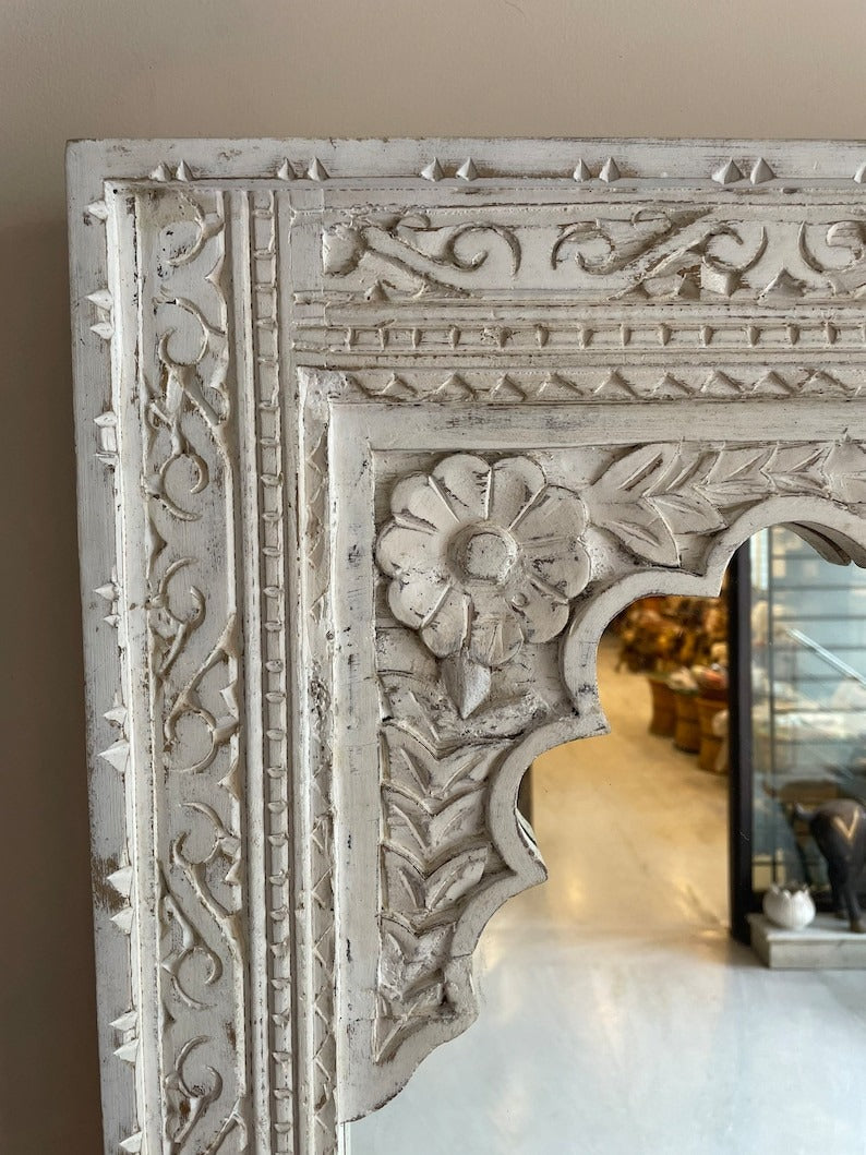 Beautiful whitewashed Jharokha mirror frame with timeless carvings, blending traditional Indian craftsmanship with contemporary home decor aesthetics
