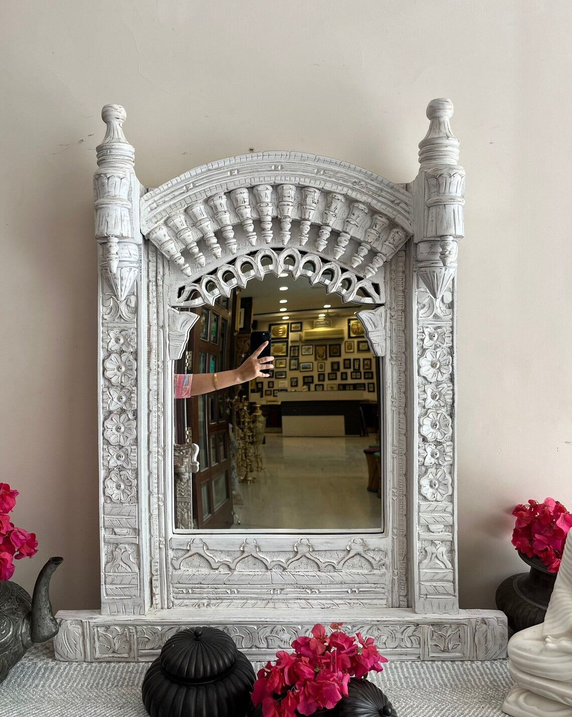 Carved wood mirror in a classic Jharokha frame, perfect for adding vintage charm to bathrooms, living spaces, or dressing tables