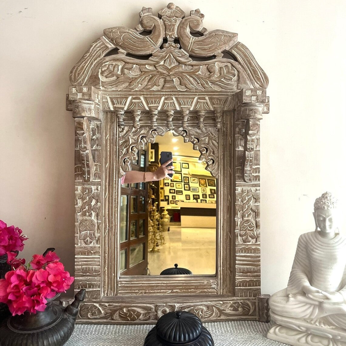 Traditional Jharokha mirror frame in a whitewashed wood finish, blending Indian craftsmanship with rustic home decor style