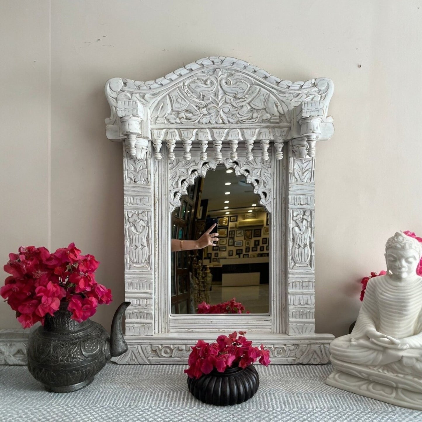 A custom-sized oval wood mirror framed in a vintage jharokha-inspired design, ideal for bathrooms, hallways, or living rooms