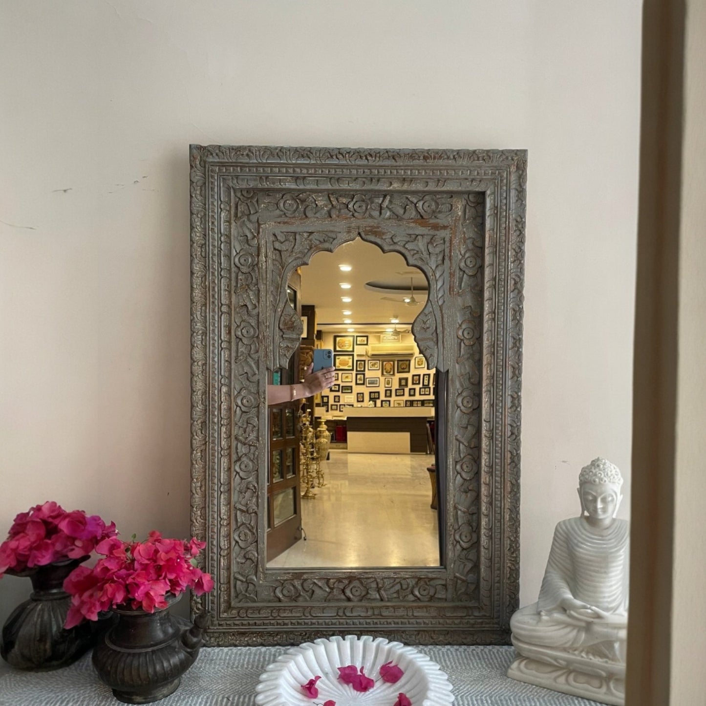 Custom-sized jharokha mirror frame with a carved wood floor mirror, blending vintage full-length mirror style with antique mirror wall decor.
