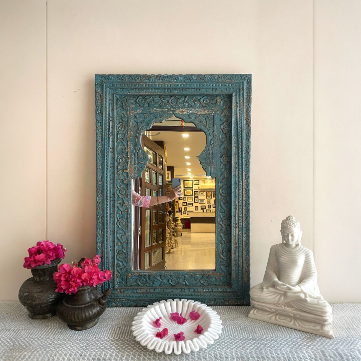 Black framed mirror with a jharokha-inspired design, offering large vintage mirror elegance and antique wall decor appeal for any space