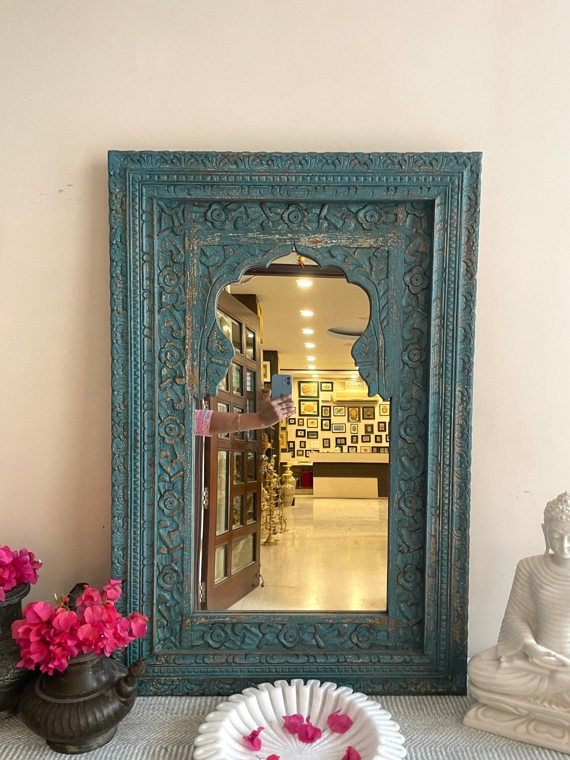 Vintage bathroom mirror with a custom-sized jharokha mirror frame, blending antique gold mirror details with modern functionality for timeless decor.