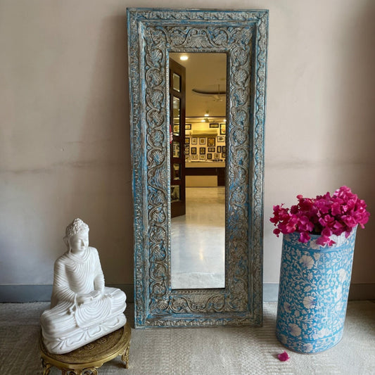Ornate jharokha mirror frame featuring a large vintage mirror with antique brass accents, ideal for enhancing retro wall art or antique wall decor aesthetics.