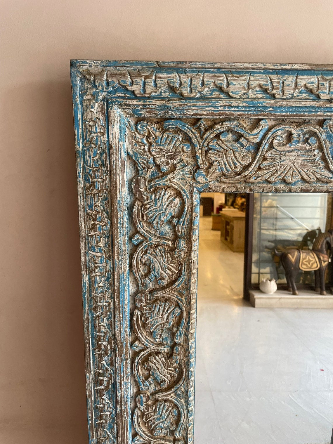 Large vintage mirror paired with a traditional jharokha arch mirror frame, ideal for adding grandeur to hallways or living spaces.
