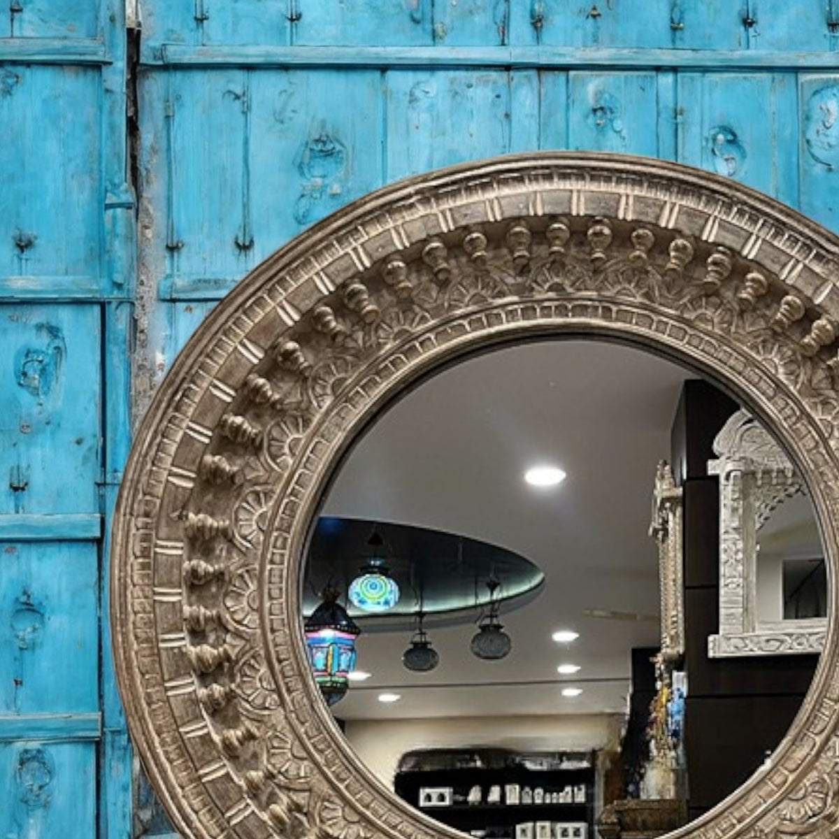 Victorian-style large vintage mirror set in a black framed jharokha mirror, perfect for antique wall decor or retro-inspired bedrooms.