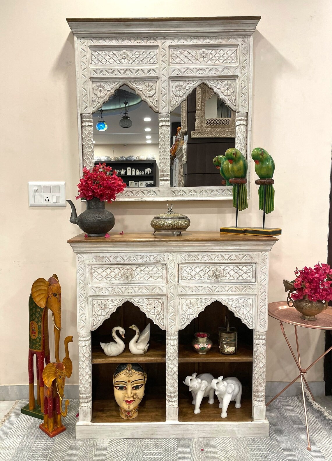 "Large vintage mirror paired with a traditional jharokha arch mirror frame, ideal for adding grandeur to hallways or living spaces."