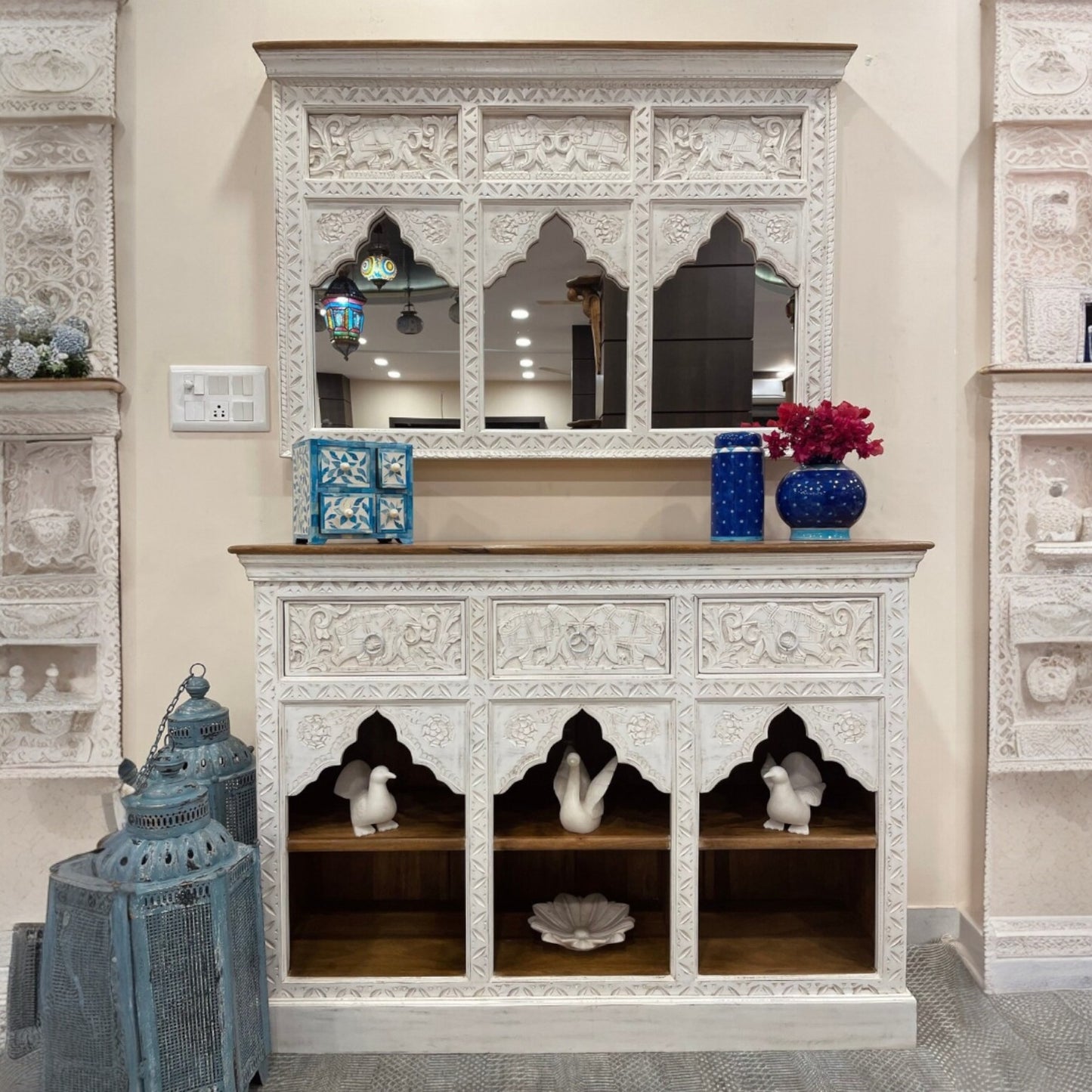 Vintage full-length mirror encased in a jharokha mirror frame with ornate carvings, making it a perfect blend of rustic charm and sophisticated design. The mirror adds elegance to vintage bathrooms, and it pairs beautifully with large wooden mirrors or framed wall mirrors for an antique-style bedroom setup