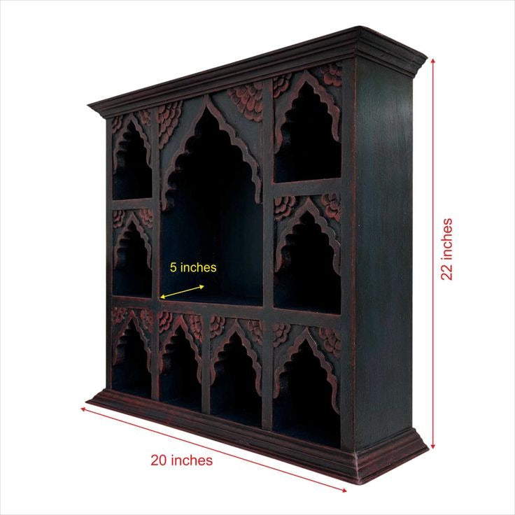 Vintage brass idol shelf cabinet with an antique finish, featuring decorative carved accents and multiple compartments. This timeless wall-mounted temple combines function and elegance, making it perfect for pooja rooms, living spaces, or as a focal point in eclectic home decor