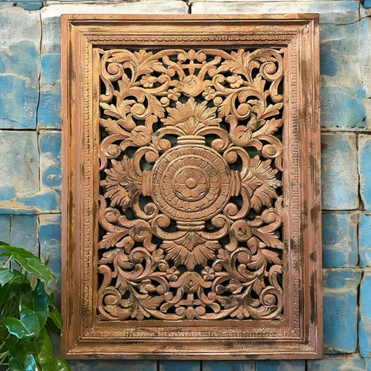 Handmade vintage natural brown carved panel with intricate floral carvings, distressed finish, and rustic wooden frame, perfect for wall décor. wall decor,
wall art,
wall accents,
large wall art,
big wall decor,
outdoor wall art,
wall hanging,
vintage wall decor,
rustic wall decor,
antique wall decor,
rustic wall art,
vintage home decor,
home decor,
antique home decor