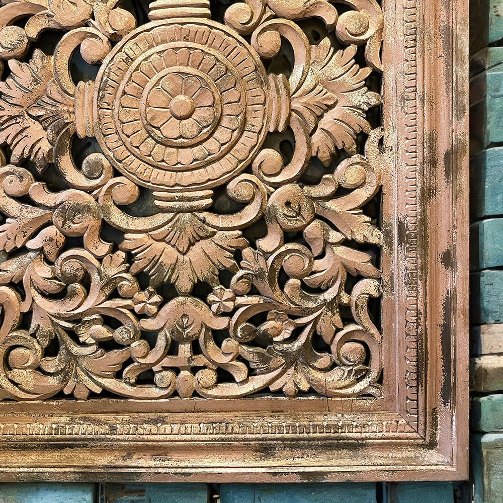 Handmade vintage natural brown carved panel with intricate floral carvings, distressed finish, and rustic wooden frame, perfect for wall décor. wall decor,
wall art,
wall accents,
large wall art,
big wall decor,
outdoor wall art,
wall hanging,
vintage wall decor,
rustic wall decor,
antique wall decor,
rustic wall art,
vintage home decor,
home decor,
antique home decor