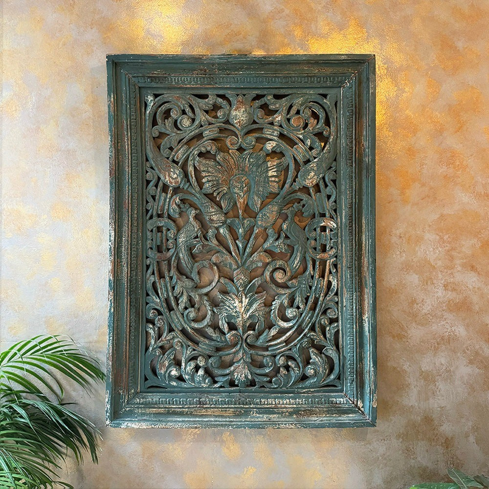Verdigris Peacock Carved Wood Wall Panel – Dobri Arts