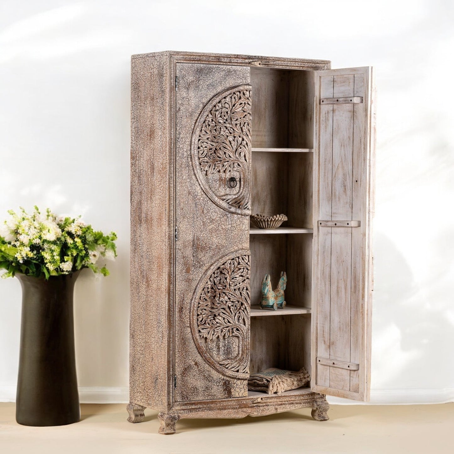 Hand-Carved Mango Wood Wardrobe – 180cm Tree of Life Design