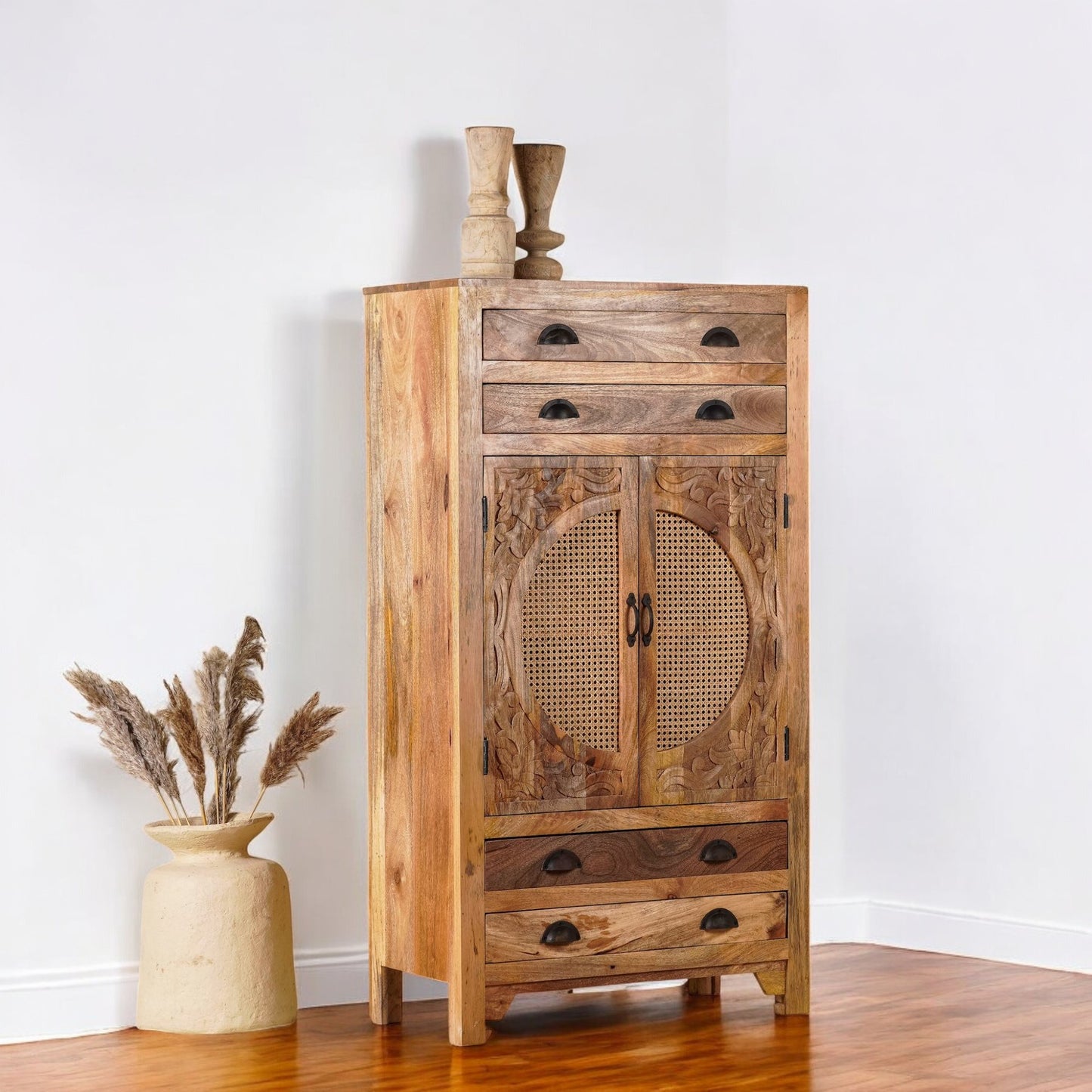 Agnayi 148cm Tall Mango Wood Cabinet with Rattan Panels – Hand-Carved Floral Design