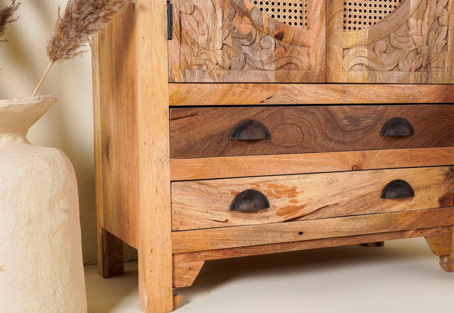 Agnayi 148cm Tall Mango Wood Cabinet with Rattan Panels – Hand-Carved Floral Design