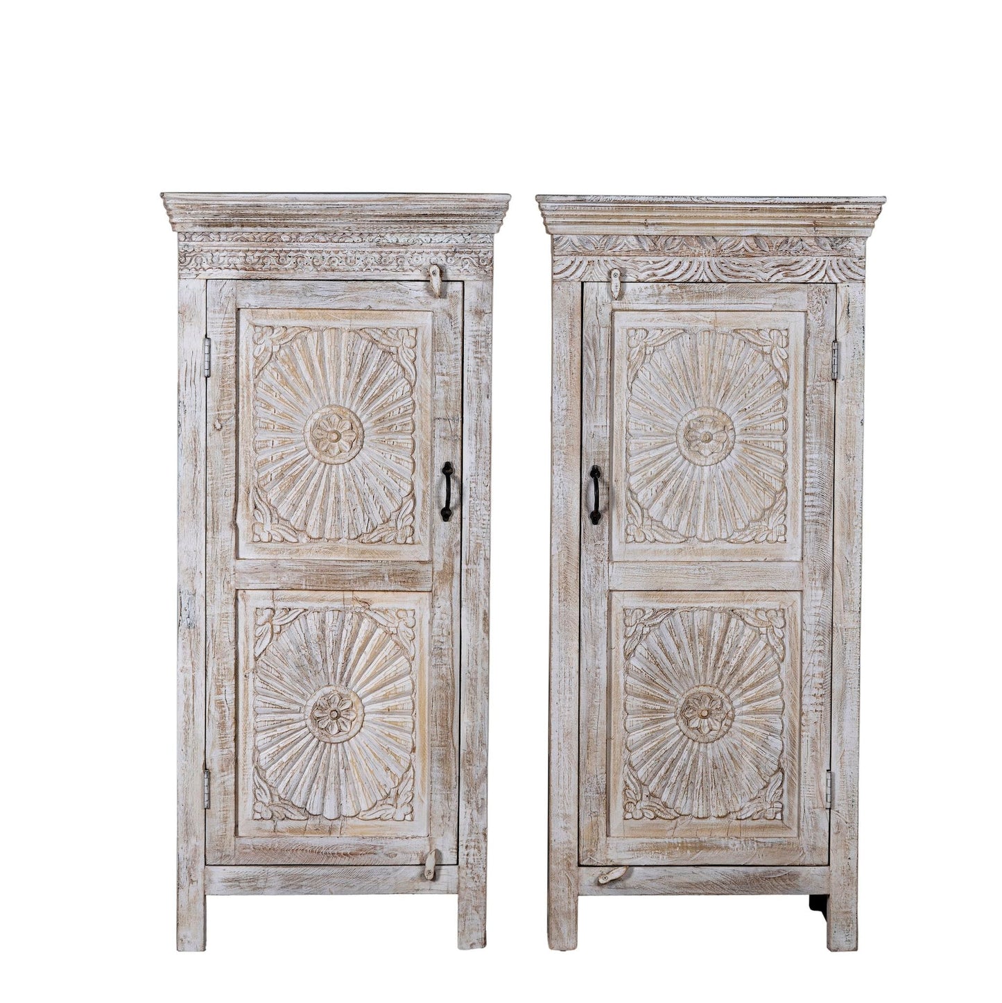 134cm Rustic Moroccan-Inspired Cabinet in Reclaimed Wood – Whitewashed Floral Carvings
