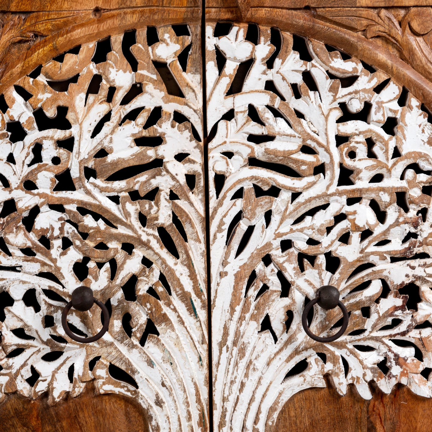 90cm Hand-Carved Tree of Life Cabinet in Solid Mango Wood with Whitewashed Finish