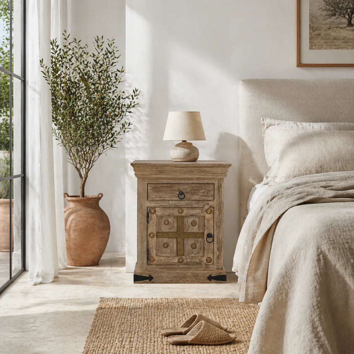 bedside table,
bedroom,
nightstand,
vintage bedside table,
rattan bedside table,
antique home decor,
bedroom furniture,
bedroom sets,
white nightstand,