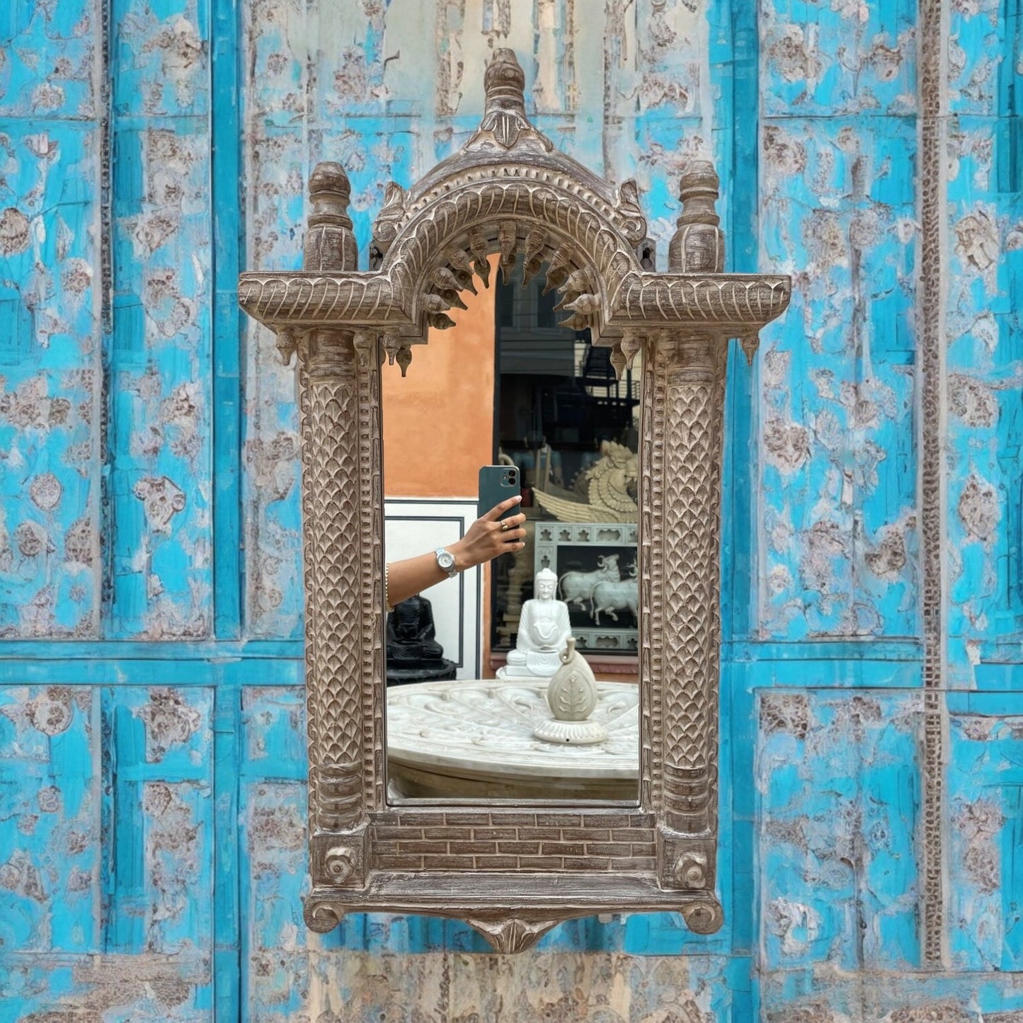 Custom-size jharokha arch mirror paired with a vintage bathroom mirror design, ideal for Victorian or traditional Indian-inspired home interiors.