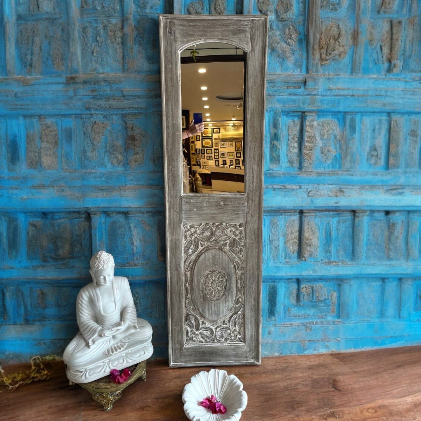 Victorian-inspired large vintage mirror framed in a beautifully detailed jharokha mirror frame, perfect for antique dressing tables or hallways