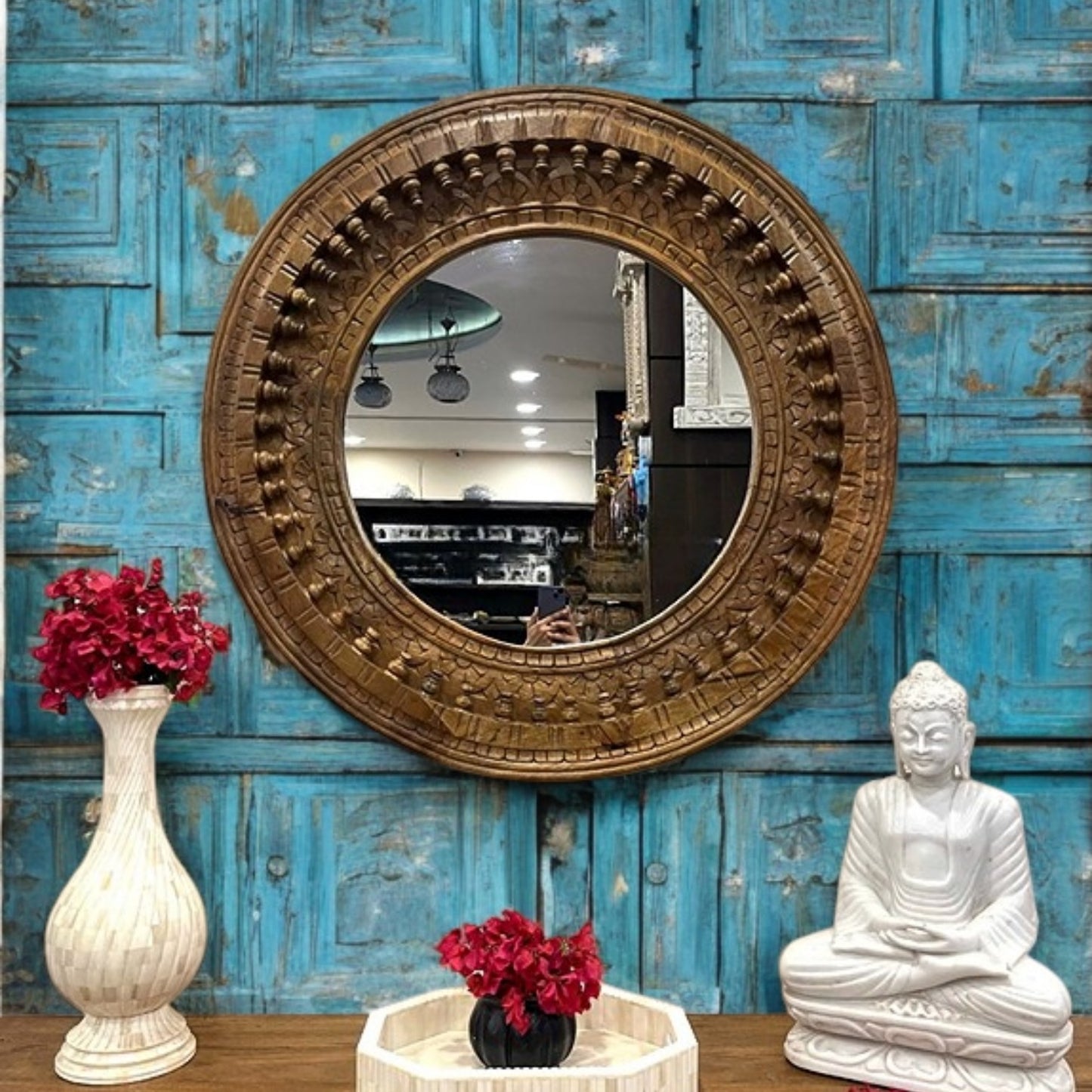 Oval wood mirror with a jharokha frame design, blending rustic Indian style with the elegance of a vintage full-length mirror.