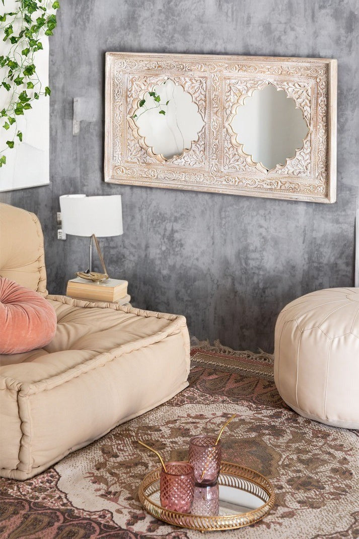 Handcrafted whitewash Jharokha mirror frame with antique detailing, a beautiful addition to vintage wall decor